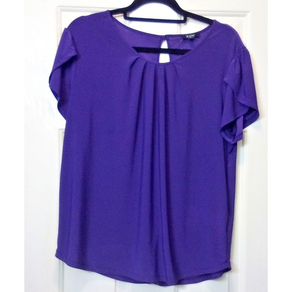 AUW Women's Purple Flutter Sleeve Pleated Blouse Top - Size Large